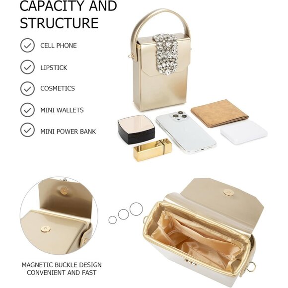 ⚡Women's Evening Rhinestone Box Detachable Chain Strap Tan Crystal Clutch Bag - Picture 5 of 6